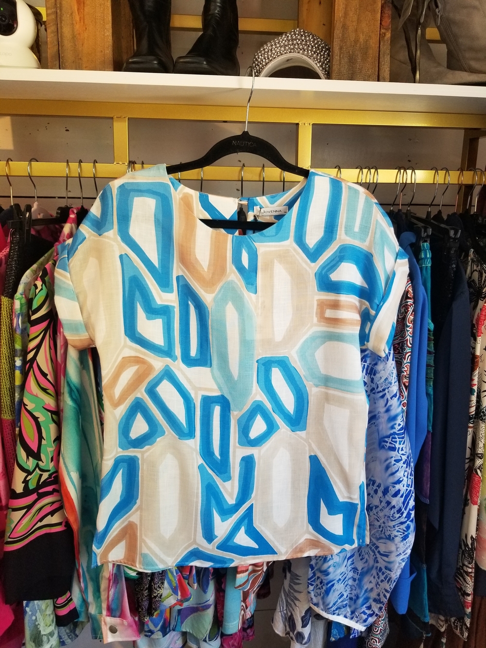 Abstract Geo Print Short Sleeve Blouse — Blue & Tan